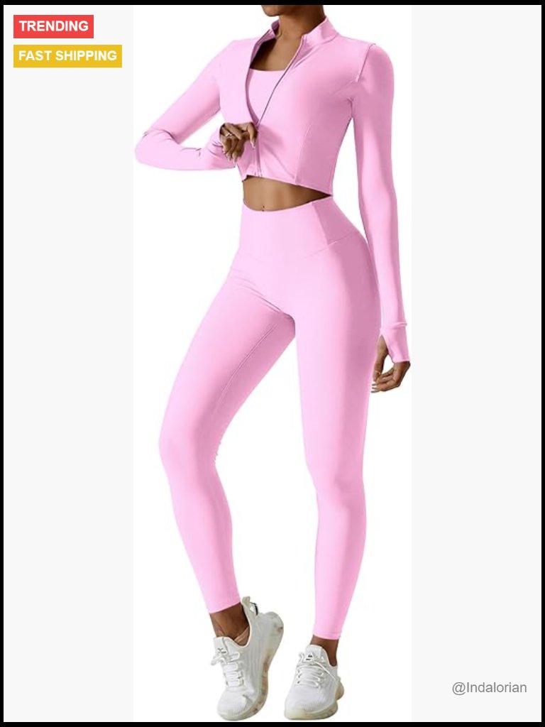 3 Piece Seamless Crop Top Leggings Long Sleeve Jacket Tummy Control Yoga Outfit